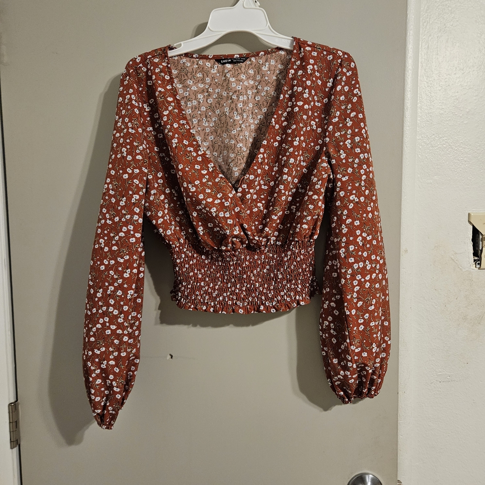 SHEIN Orange Puff Sleeve Smocked Blouse